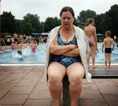Frau sitzt am Rand eines Schwimmbads